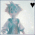 Pixelated character with spiky light blue hair and teal vest over white shirt, standing against speckled background with colored heart symbols above head.