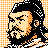 Pixelated 48x48 AIM buddy icon depicting a stylized male face with dark hair, beard, and mustache against an orange-and-white checkered background.