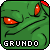 Green pixelated creature with red eyes and a single red horn, displaying the text 'GRUNDO' below its face in white block letters.