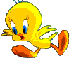 Yellow cartoon bird with blue eyes and orange beak/feet in four sequential poses against gray background.