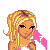 Pixel art contact sheet showing a blonde female character in various poses with pink and white clothing, including full-body views and close-ups of her face and legs.