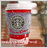 A pixelated cup of coffee with a red band around the middle, white foam top, and visible swirl pattern on the surface.