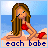 Pixelated beach scene with a woman in a red bikini lying on sand, blue water and sky background, text 'beach babe' below.