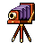 Pixel art of a vintage camera on a tripod with purple bellows, red body, and gold accents against gray background.