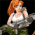 Pixelated image of a person with red hair wearing a white tank top and gray jacket, seated on a green and gray structure against a black background.