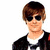 A pixelated image of a person with brown hair and sunglasses in three , each with overlaid text