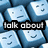 Blue pixelated keyboard keys with simple face expressions, overlaid text reading 'talk about', 'being', and 'BiPOLAR =]' in black boxes.