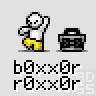 A 4-frame animated contact sheet showing a pixel art stick figure interacting with a boombox, displayed on a gray background.