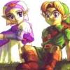 Two pixelated anime-style characters sit side-by-side, one in purple and white clothing with a hand near the face, the other in green and red with a green cap.