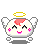 Pixelated angelic character with pink cheeks, yellow halo, and white wings in multiple expressions and poses against gray background.