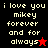 Pixelated text reads "i love you mikey forever and for always" with a red star on black background and a black star on red background.