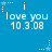 Blue background with white pixelated text 'i love you 10.3.08' repeated in a , each instance accompanied by a small star and dotted line animation element