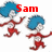 A pixelated cartoon character with blue hair and red clothing appears in multiple poses with red text labels above.