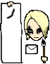 Pixelated character with blonde hair and dark eye makeup holds a paintbrush, standing beside an envelope while holding up a sign with changing Japanese text.