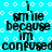 A static image with a bright cyan background patterned by white circles and dots, displaying repeated black text that reads "i smile because im confused" in pixelated font.