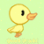 Pixelated yellow duck with single black eye, orange beak, and orange feet against light green background with scattered yellow squares.