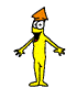 Yellow cartoon character with orange cone-shaped head, black mouth open in a smile, white eyes with black pupils, yellow limbs and body, standing on two feet.