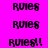 pixelated text 'rules' and 'rules!!' on a bright pink background with white horizontal bars