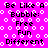 Pixelated text and bubble patterns on a bright pink background with white circular outlines.