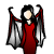 Pixelated figure in red dress with black hair and bat-like wings raised against white background.