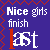 A pixelated graphic with purple background and red zigzag border displaying 'Nice girls finish last' text, where the word 'last' animates between white and red lettering.
