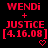 Red pixelated text on black background with heart symbol, showing 'WENDi + JUSTiCE [4.16.08]' in two identical