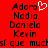 Red background with black pixelated text listing names and partial Spanish phrase, one name accompanied by white pixelated heart symbol.