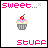 Pixelated cupcake icon with pink frosting, blue sprinkles, and a cherry on top, surrounded by 'sweet...' text above and 'stuff' below in bright pink.