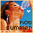 A woman with dark hair and earrings blows a large bubble from a blue bubble wand against a bright blue background, with 'hot summer' text below.