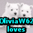 Two white dogs appear above cyan text reading 'OliviaW62 loves' and 'DOGS!!!' with black paw prints on a white background.
