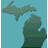 Pixelated map of Michigan with Upper and Lower Peninsulas on teal background, adjacent to green heart symbol above 'Mlchlgan' text.