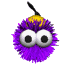 Purple fuzzy creature with large white eyes and black pupils, yellow top section, and a black propeller on its head against gray background.
