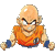 Pixelated cartoon character with bald head, orange martial arts uniform, blue wristbands, and clenched fists in a fighting stance against gray background.