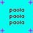 Cyan background with repeated black text 'paola' in four , scattered pink plus signs and small dots