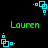 Pixelated cyan geometric shapes rotate around a central point while green text reading 'Lauren' appears in four positions on a black background.