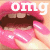Pixelated close-up of pink lips with a tongue extended, displaying white text 'OMG' above the mouth against a light background.