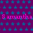 A static image with a purple background patterned by blue stars, featuring repeated pink text "Samantha" across three horizontal