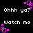Black background with white pixelated text 'Ohhh ya?' and 'Watch me' paired with pink square-based animations.