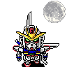 Pixel art of a Gundam-style mech with yellow head crest, green eyes, and blue-and-red armor holding two swords against gray background with moon symbols.