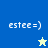 A split-screen image with four quadrants showing 'estee=)' text and star icons in blue, light blue, yellow, and dark blue backgrounds.