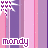 Pixelated icon with vertical pink and purple stripes, white starburst shapes at top and bottom, and 'mondy' text in purple lowercase letters.