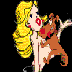 Pixelated cartoon image of a blonde woman with red lips holding a brown dog against black background.