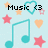 Pixelated icon with light blue background featuring black text 'Music <3', cyan musical note, and pink/orange stars/heart shapes.