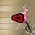 Animated icon with pink heart-shaped particles and a black stem on a wooden background, displaying changing text elements.