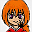 Pixelated anime-style character with orange hair and red collar in four sequential expressions: eyes open, squinting, smiling with tongue out, neutral closed-eye.