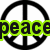 Black peace symbol with green-outlined text 'peace' and 'love', a black silhouette of a person doing gymnastics, and a gray rectangle on white background.