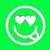 Green background with white circular outline containing a stylized face with heart-shaped eyes and curved mouth.