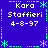 Blue background with cyan pixelated border elements and repeated white text reading "Kara Staffieri 4-8-97" in four quadrants.