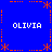 Blue background with orange dashed lines and asterisks forming a , four instances of white text "OLIVIA" at corners
