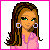 Pixel art contact sheet showing a female character's full body and text elements in pink, white, and black colors with visible animation frames for clothing movement.
